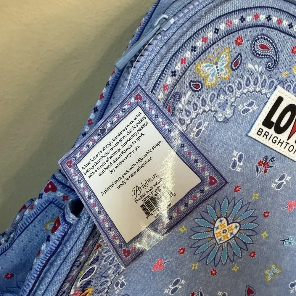Brighton Backpack Womens Medium Blue Paisley Bandana Love Butterfly Print NWT